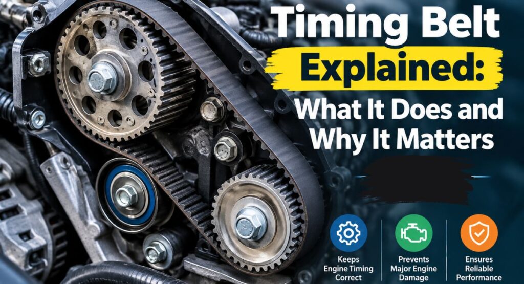 Timing belt system in a car engine showing the belt, gears, and pulleys, with the text "Timing Belt Explained: What It Does and Why It Matters in 2026"