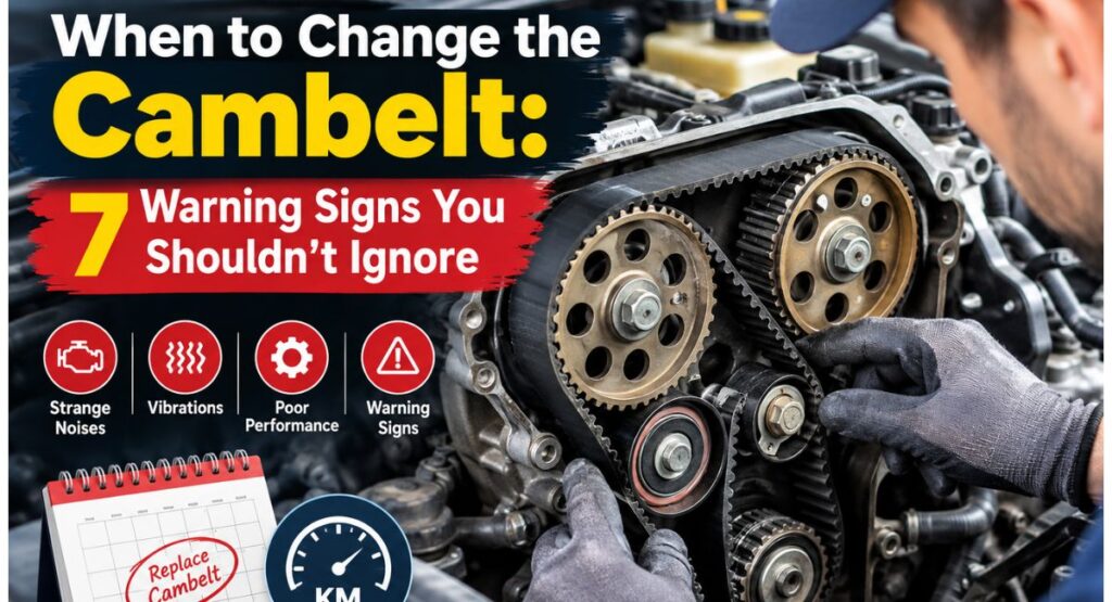 "when to change the cambelt: 7 warning signs you shouldn’t ignore in 2026" showing a mechanic inspecting a car timing belt for wear and damage.